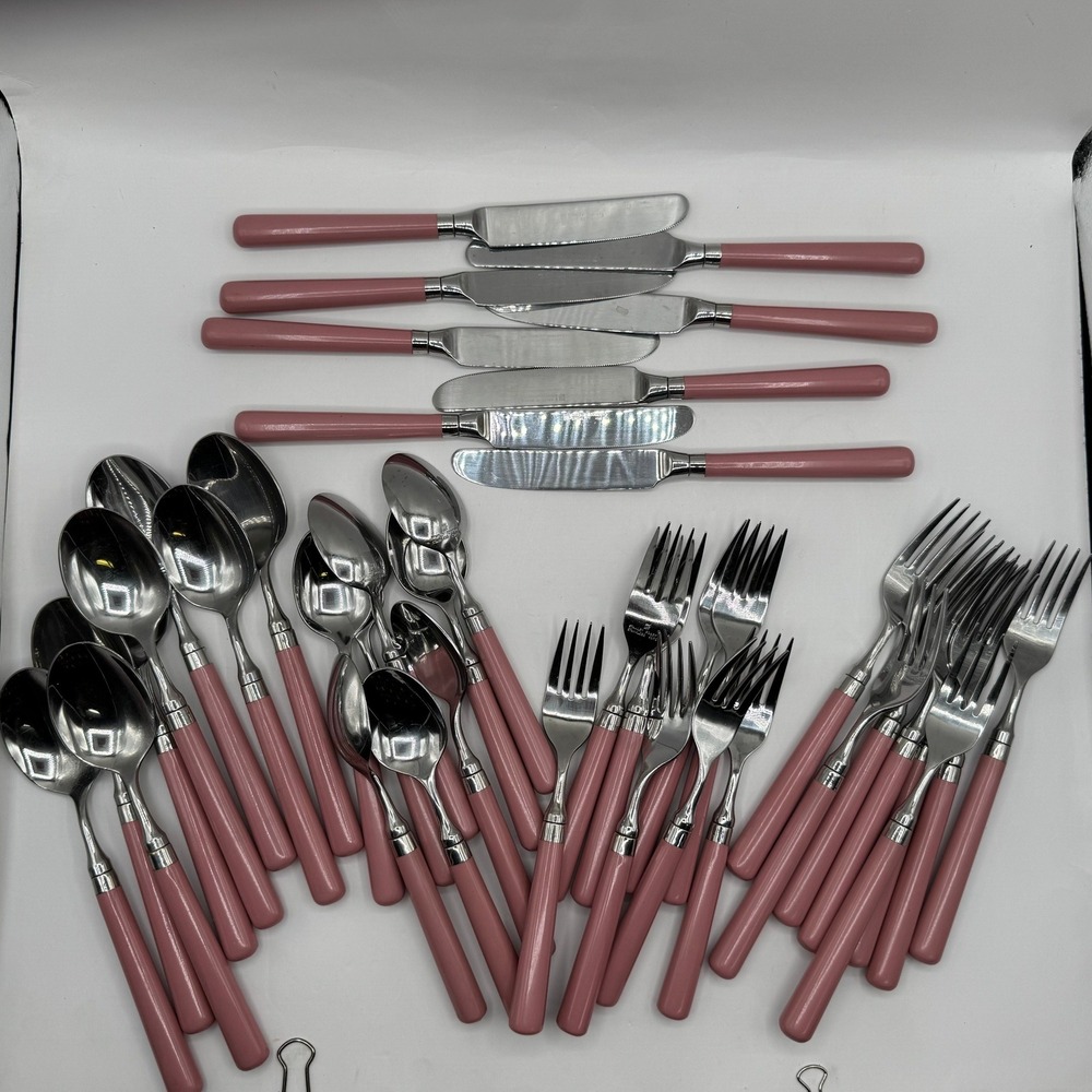 Stanley Roberts Flatware Set Service for 8 Mauve Pink Resin Stainless 40pc Korea